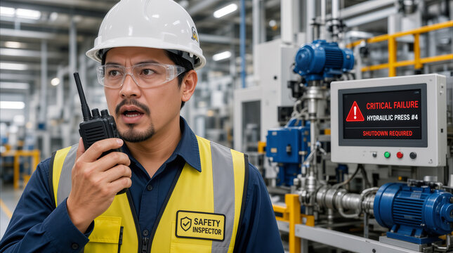 Safety inspector reporting critical failure on hydraulic press using walkie talkie. Industrial emergency response and equipment maintenance in manufacturing plant.