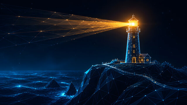 Lighthouse beaming light over ocean cliff at night in glowing blue and orange wireframe style