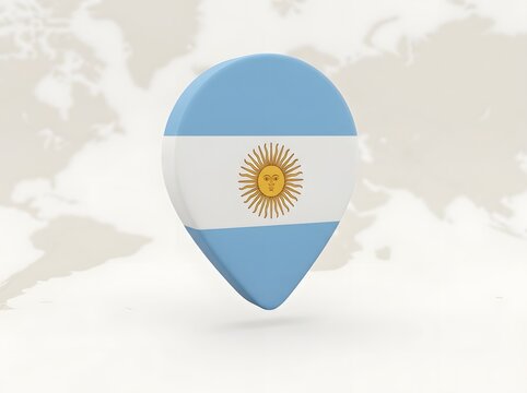 3d map pointer pin with argentina flag design on a blurred world map background