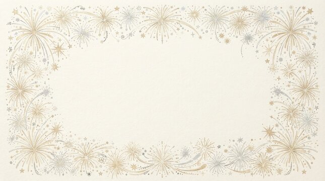 Elegant firework border frame with gold and silver sparkles on cream paper texture background