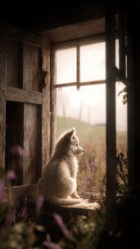 adorable fluffy puppy sitting inside an old rustic farmhouse window surrounded by weathered wooden shutters and climbing wildflowers, warm sunlight