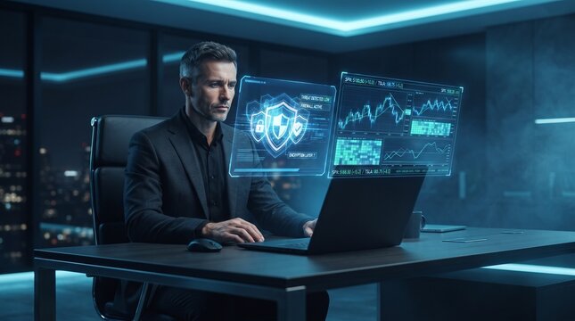 Cybersecurity specialist working on a laptop with holographic security shields and data analytics in a modern office