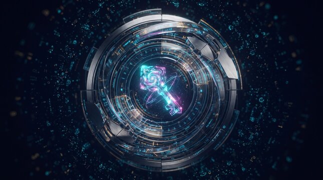 Futuristic digital security keyhole hologram with glowing data encryption and circular cyber mechanism