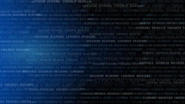 A grid pattern of binary code digits consisting of ones and zeros interspersed with hexadecimal alphanumeric strings on a dark blue gradient .