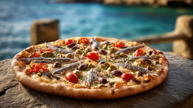 authentic Mediterranean pizza topped with anchovies, olives, capers, cherry tomatoes, mozzarella and fresh oregano, thin crispy blistered crust