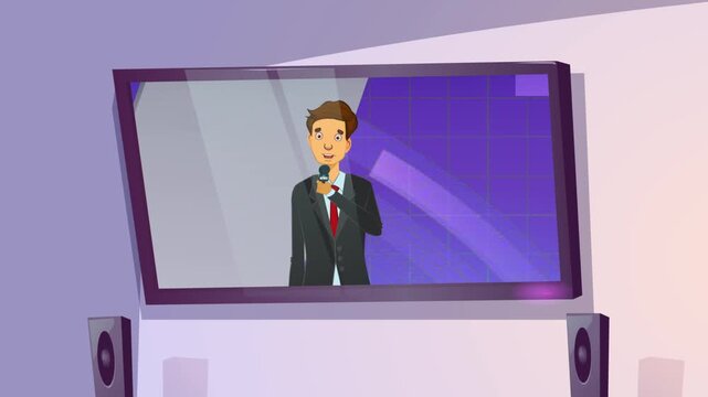 2D Animated TV Screen Zoom In Showing Breaking News Anchor Broadcast