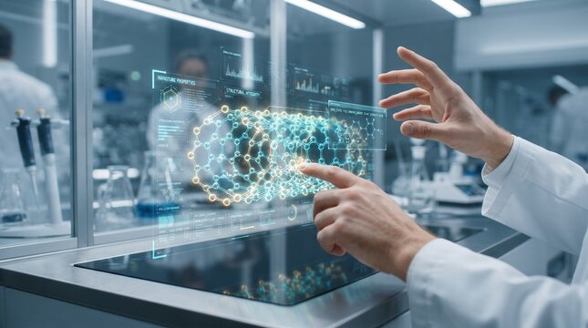 Scientist interacting with a holographic carbon nanotube and molecular structure on a transparent display in a modern laboratory