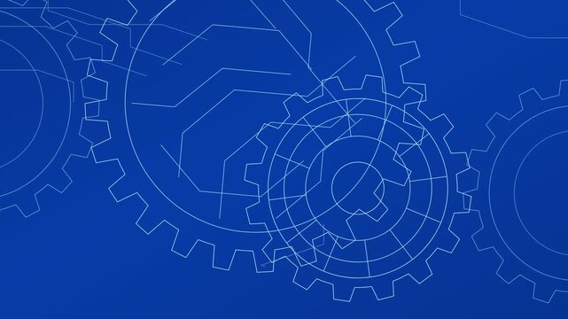 Blueprint technical drawing showing overlapping mechanical gears and intermeshing cogs in white line art on a solid blue surface.