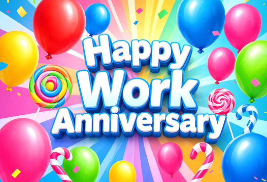 Colorful happy work anniversary celebration with balloons and candy design in vibrant style