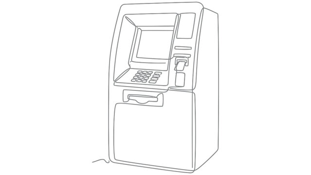 Continuous single line of an automated teller machine or atm terminal for cash withdrawal and banking transactions on white background
