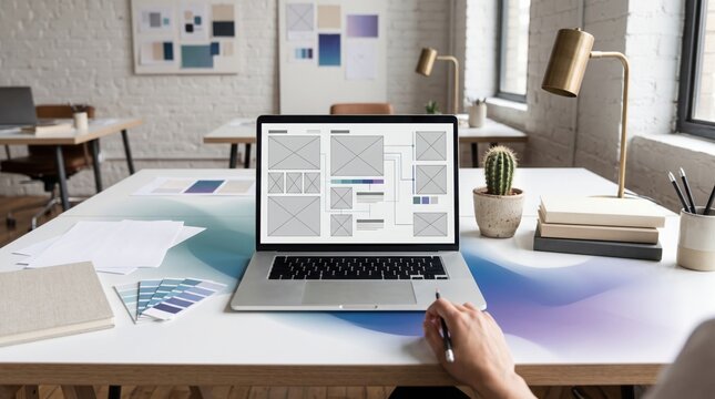 graphic designer working on a layout project at a modern workspace with laptop and color swatches