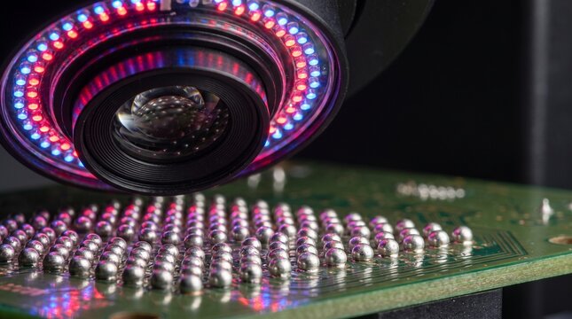 Automated Optical Inspection AOI Camera Examining Solder Balls on Circuit Board