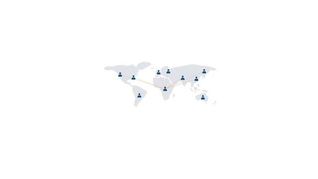 Minimalist world map illustration featuring a central node connected by lines to multiple regional user icons, representing global network connectivity.