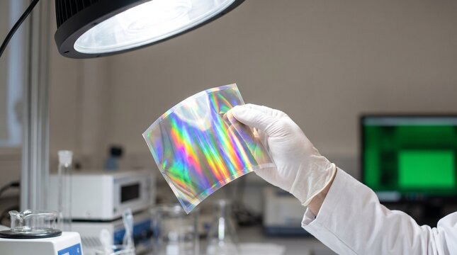 Laboratory Researcher Holding Flexible Perovskite Solar Cell Film under Lamp