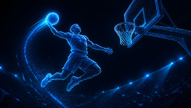 wireframe basketball player jumping high to dunk glowing ball into hoop net at arena scene