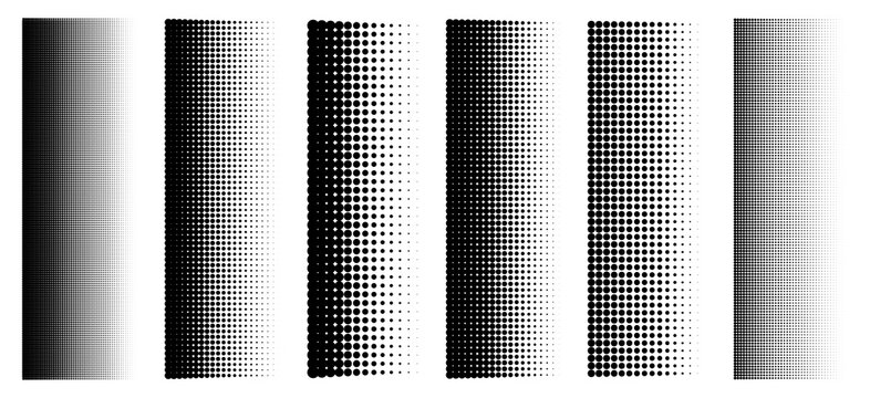 Abstract black halftone dot gradient panels in vertical columns with varying dot sizes on white background, geometric modern texture for poster and banner design