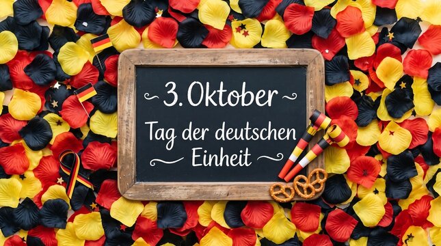 German Unity Day chalkboard with 3. Oktober Tag der deutschen Einheit text, black red gold petals, national holiday concept
