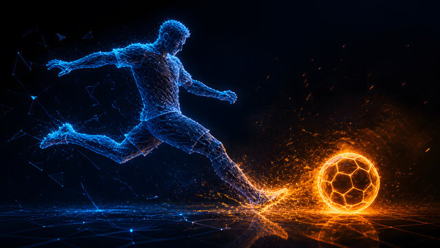 wireframe soccer player kicking glowing fiery ball in blue and orange digital sport action background