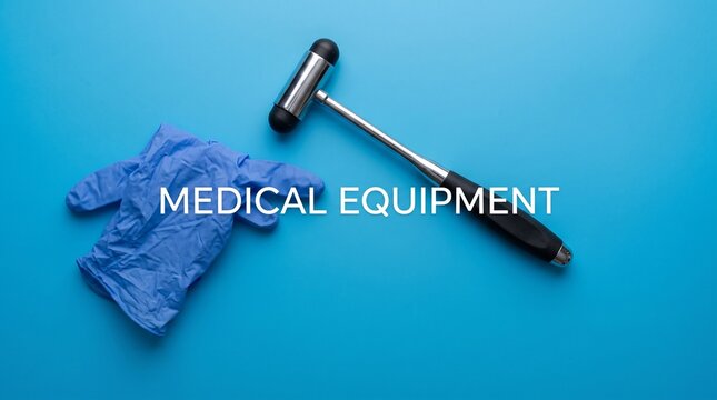 Medical equipment reflex hammer and blue nitrile glove, professional clinical diagnostic tools, healthcare examination supplies on blue background