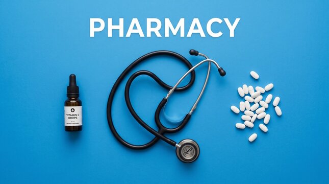 Pharmacy text with medical stethoscope and white pills on blue background. Healthcare concept with medicine bottle and clinical equipment.