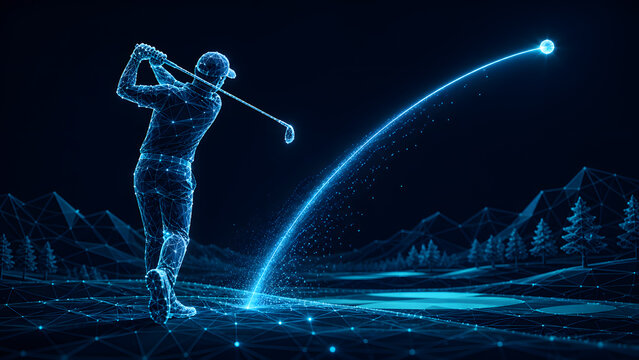 Wireframe golfer swinging club as glowing ball arcs across mountain landscape under starry night sky