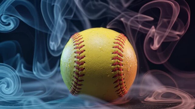 Yellow softball with red stitches surrounded by colorful swirling smoke