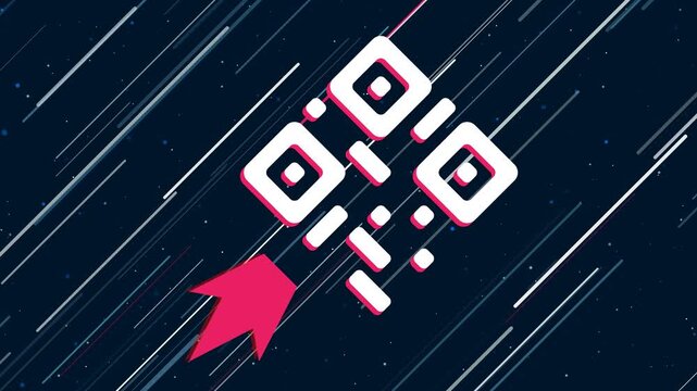 Qr code symbol flies through the universe on a jet propulsion. The symbol in the center is shaking due to high speed. Seamless looped 4k animation on dark blue background with stars