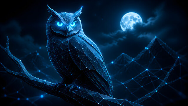 Wireframe owl perched on branch with glowing eyes watching under full moon and starry sky