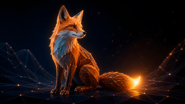 Wireframe fox sitting alert with glowing fur and sharp gaze against dark starry night background