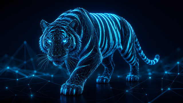 Wireframe tiger prowling forward with glowing stripes and piercing eyes stalking through dark jungle night