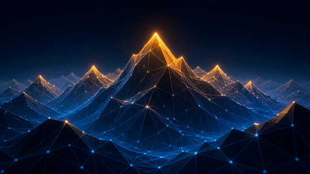 Golden mountain peak glowing network rising above blue digital landscape with connected node terrain grid design