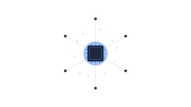 Digital microchip icons pulsing in a grid on white background