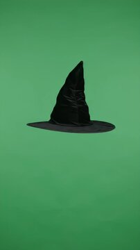 Black Velvet Witch Hat Floating on Green Screen - A pointed black velvet witch hat is shown floating against a solid green screen background.