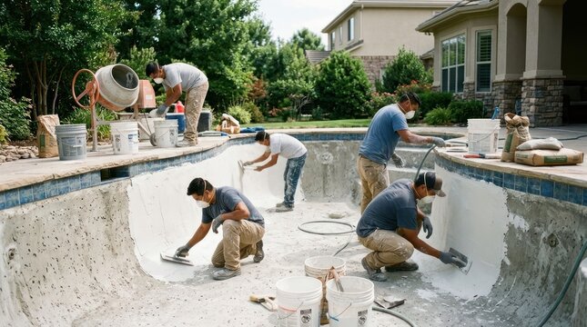 Construction crew meticulously plastering a new swimming pool interior with specialized tools.