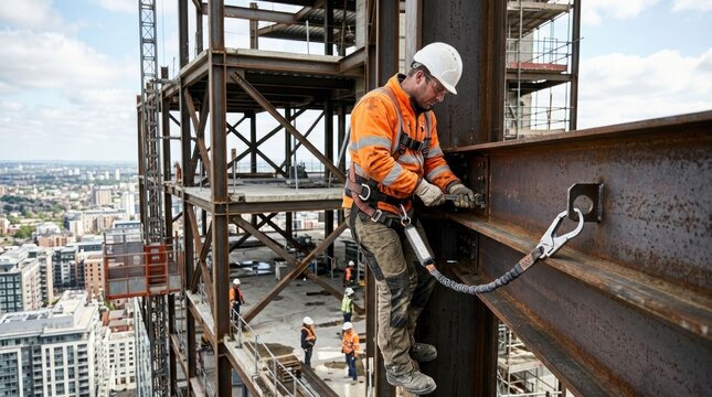 Construction worker in safety harness working on steel beams at height.