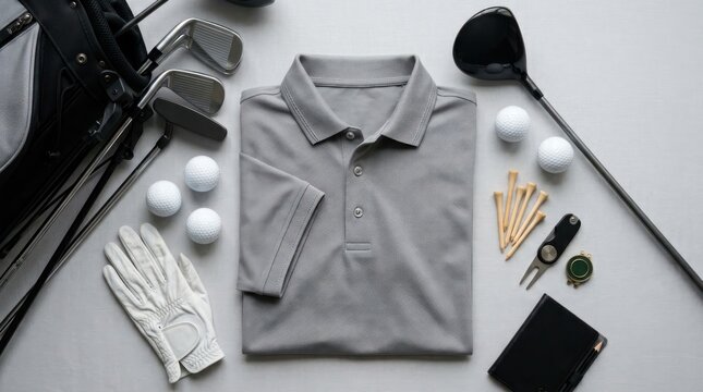 Flat lay of golf equipment and apparel on a clean surface.
