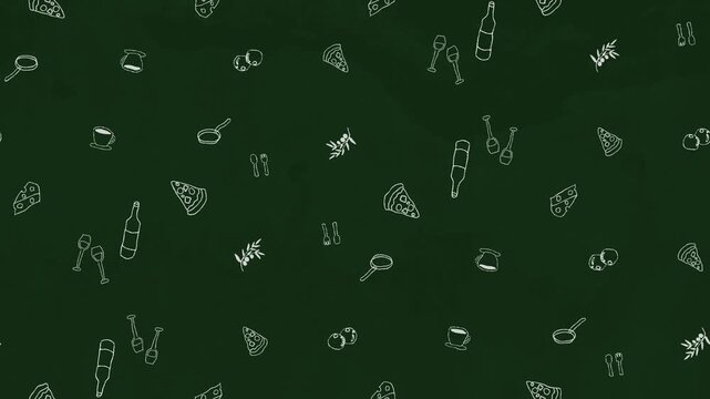 深緑色の黒板テクスチャとイタリア料理手描きアイコンのシームレスループ背景動画