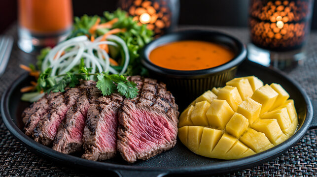 Grilled steak slices served with fresh salad mango chunks dipping sauce