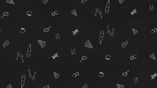 黒色の黒板テクスチャとイタリア料理手描きアイコンのシームレスループ背景動画