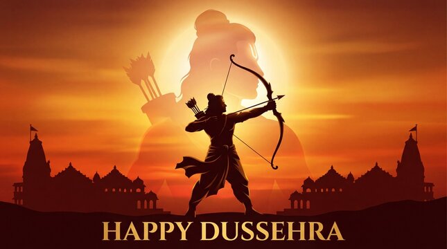 Happy Dussehra Banner with Lord Rama Archer Silhouette Aiming Bow at Sunset.