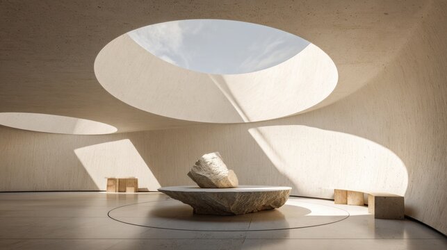 extraordinary luxury interior with a gigantic circular skylight dominating the ceiling, dramatic beam of sunlight illuminating a sculptural stone