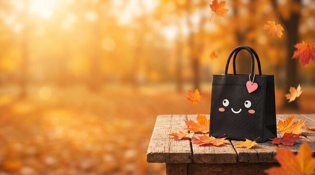 Cute black paper shopping bag with a kawaii smiling face, pink gift tag, and autumn maple leaves on a wooden table against a warm golden bokeh background, with generous copy space for seasonal adverti