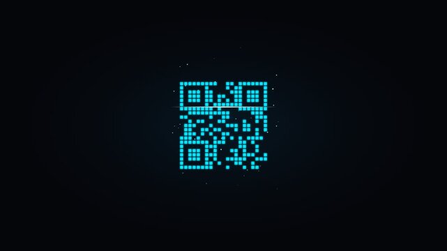 Blue glowing qr code animation with digital particles