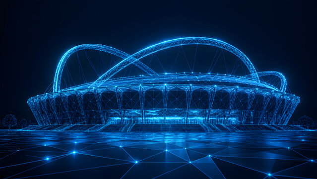 Glowing blue stadium arena with curved roof structure illuminated against dark night sky scene design