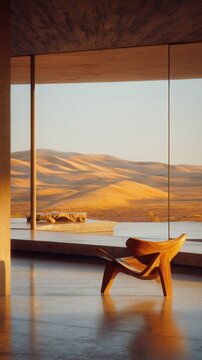 extraordinary minimalist desert house interior, enormous panoramic glass wall overlooking endless golden sand dunes, polished concrete floor