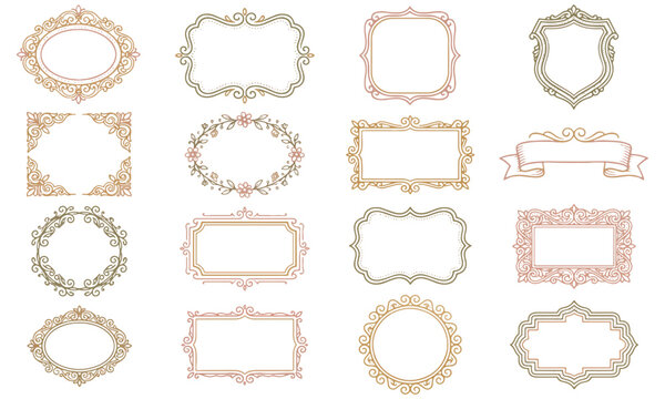 Vintage ornamental frames elegant gold and pink borders for wedding stationery set.