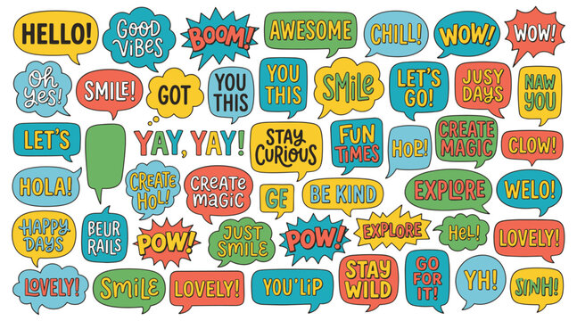 Colorful speech bubbles with various positive messages for design.