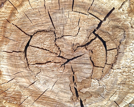 Texture image of a cut dry tree trunk cross-section, close-up showing the rings and cracks in detail.