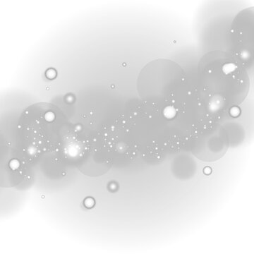 White bokeh lights and glowing particles with sparkling dust on dark background