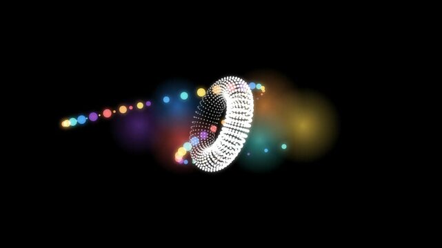 Glowing particle torus ring rotating with colorful light spheres animation on a black background